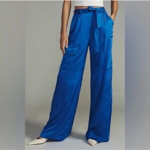 Anthropologie Hutch Wide Leg Satin Belted Cargo Utility Pants royal Blue M